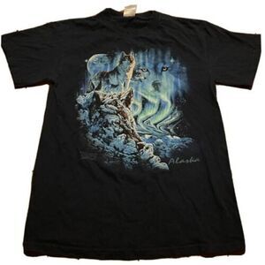 Northern Lights 9 Hidden Wolves Howl Moon Alaska Blue Graphic T Shirt Size Small